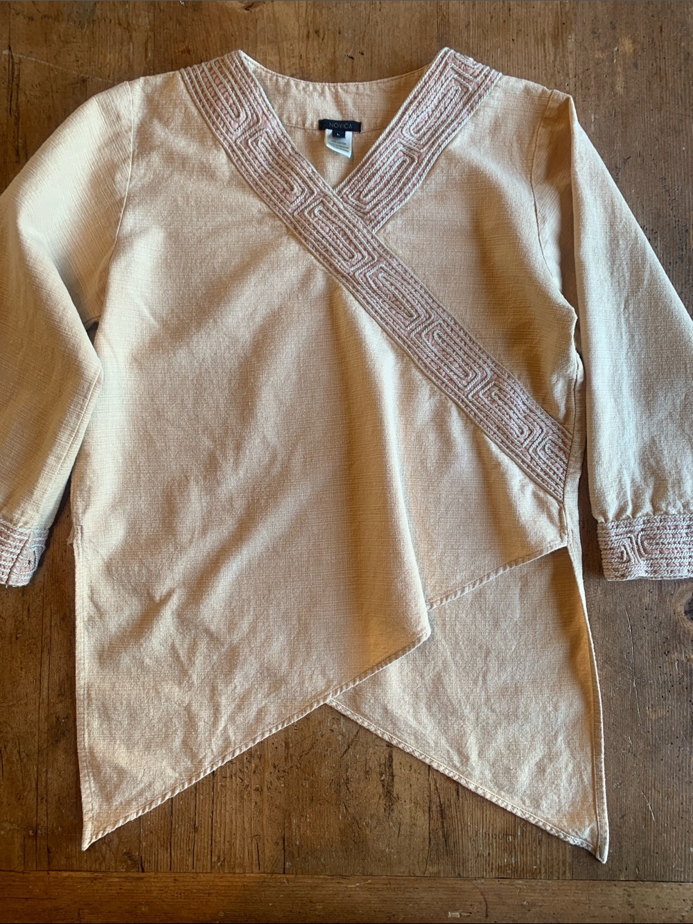 Novica Tan Embroidered Wrap-Style Asymmetrical Artsy Top